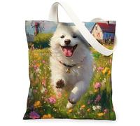 Bolsa de lona para compras de 13 x 15 pulgadas, diseño de perro samoyedo de primavera, reutilizable, estampado de flores, mascotas, playa, pintura estética, decoración de regalo