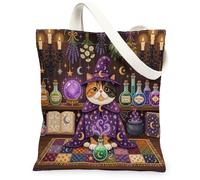 Bolsa de lona para compras de 13 x 15 pulgadas, diseño retro divertido de bruja mágica reutilizable con estampado de gato de pelo corto para mujeres, pintura estética espeluznante, decoración de