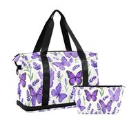 Bolsa de lona para entrenamiento de fin de semana con trampa ajustable para bolsa de gimnasio, 2 unidades, Lavanda morada con mariposas
