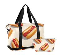 Bolsa de lona para fin de semana con correa ajustable plegable para gimnasio con diseño de perritos calientes, Perro caliente gourmet de dibujos animados, 1 size