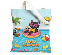 Bolsa de lona para gatos para mujeres, de verano, juguetón palmera, sol, azul, lavable, reutilizable, ideal para viajes, trabajo, compras, librería, 13 x 15 pulgadas