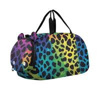 Bolsa de lona para gimnasio con estampado de leopardo arcoíris para niños, con compartimento para zapatos, multifuncional, para fin de semana, para práctica escolar, deportes, viajes