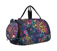 Bolsa de lona para gimnasio, diseño de leopardo con purpurina arcoíris y compartimento para zapatos, ligera, para fin de semana, para viajes, deportes, fitness y entrenamiento