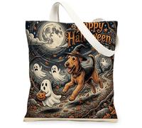Bolsa de lona para Halloween Airedale Terrier para compras, 13 x 15 pulgadas, fantasmas divertidos para vacaciones, bolsa de comestibles reutilizable para mujeres, otoño, trabajo, viajes, pintura