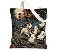 Bolsa de lona para Halloween Bull Terrier para compras, 13 x 15 pulgadas, fantasmas divertidos para vacaciones, bolsa de comestibles reutilizable para mujeres, otoño, trabajo, viajes, pintura