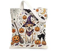 Bolsa de lona para Halloween, chihuahua, perro, para ir de compras, 13 x 15 pulgadas, bonitos murciélagos de vacaciones, reutilizable, bolsa de comestibles para mujeres, patrón de fantasmas