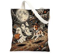 Bolsa de lona para Halloween de Russell Terrier para compras, 13 x 15 pulgadas, fantasmas divertidos para vacaciones, bolsa de comestibles reutilizable para mujeres, otoño, trabajo, viajes, pintura