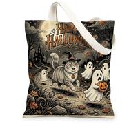 Bolsa de lona para Halloween, diseño de gatos siberianos para compras, 13 x 15 pulgadas, fantasmas divertidos para vacaciones, bolsa de comestibles reutilizable para mujeres, otoño, trabajo, viajes