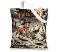 Bolsa de lona para Halloween, diseño de perro Pitbull para compras, 13 x 15 pulgadas, fantasmas divertidos para vacaciones, bolsa de comestibles reutilizable para mujeres, otoño, trabajo, viajes