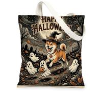 Bolsa de lona para Halloween, diseño de perro Shiba Inu, para compras, 13 x 15 pulgadas, fantasmas divertidos para vacaciones, bolsa de comestibles reutilizable para mujeres, otoño, trabajo, viajes
