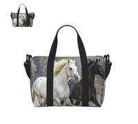 Bolsa de lona para hombres y mujeres, bolsa de gimnasio con compartimento para zapatos, bolsas de viaje ligeras para pasar la noche, Caballos blancos y negros corriendo, Talla única, Bolsa de viaje
