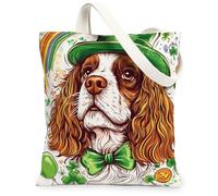Bolsa de lona para ir de compras con diseño de perro Cavalier King Charles Spaniel del Día de San Patricio, 13 x 15 pulgadas, divertido y lindo cachorro, reutilizable, estampado de comestibles, para