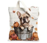 Bolsa de lona para ir de compras de 13 x 15 pulgadas, diseño de bulldog francés de otoño con hojas de arce, reutilizable, para mujeres, cachorros, trabajo, viajes, pintura, decoración de regalo
