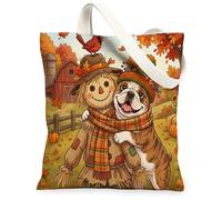 Bolsa de lona para ir de compras de 13 x 15 pulgadas, diseño de perro bulldog otoñal, reutilizable, con estampado de espantapájaros, para mujer, divertida pintura estética de playa, decoración de