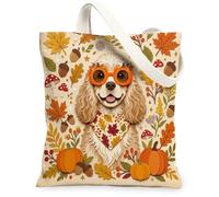 Bolsa de lona para ir de compras de 13 x 15 pulgadas, diseño de perro cocker spaniel de otoño, retro, corte de papel, reutilizable, para mujeres, hoja de arce, pintura estética, decoración de regalo