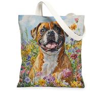 Bolsa de lona para ir de compras de 13 x 15 pulgadas, pintura al óleo, diseño de cachorro de flores silvestres, reutilizable, bolsa de estampado de comestibles para mujeres, divertida decoración de