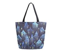 Bolsa de lona para mujer con diseño de casas azules viejas de la noche de Halloween, bolso de hombro informal, grande, reutilizable, para compras