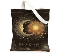 Bolsa de lona para mujer, diseño celestial de luna mística, estrellas, ninguno dorado, lavable, reutilizable, ideal para viajes, Dorado, 13x15 Inch