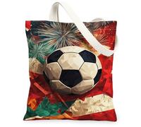 Bolsa de lona para mujer, diseño de balón de fútbol, fuegos artificiales, formas geométricas, celebración, color rojo, lavable, reutilizable, estética, ideas para viajes de compras, oficina