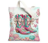 Bolsa de lona para mujer, diseño de botas vaqueras, conchas de coral vibrantes, verano, turquesa, lavable, reutilizable, pequeñas, ideas para viajes de compras, oficina, biblioteca, casual, 13 x 15