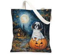 Bolsa de lona para mujer, diseño de calabaza, luna, Halloween, naranja, lavable, reutilizable, estética, ideas para compras, viajes, oficina, biblioteca, casual, 13 x 15 pulgadas