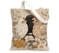 Bolsa de lona para mujer, diseño de gallinas, margaritas vintage, caléndulas, no beige, lavable, reutilizable, ideal para viajes, trabajo, compras, librería, 13 x 15 pulgadas