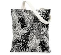 Bolsa de lona para mujer, diseño de hojas tropicales, modernas, palmeras de verano, color negro, lavable, reutilizable, pequeña bolsa de mano, ideas para Sho, Negro, 13x15 Inch