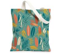 Bolsa de lona para mujer, diseño de hojas tropicales, tabla de surf, verano, verde azulado, lavable, reutilizable, bolsa de mercado, ideas para Trav, Verde azulado, 13x15 Inch