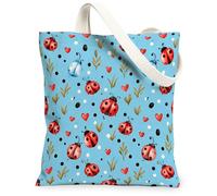 Bolsa de lona para mujer, diseño de mariquita, diseño de corazón, hoja, color azul, lavable, reutilizable, para viajes, trabajo, lectura, 13 x 15 pulgadas