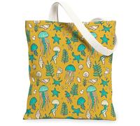 Bolsa de lona para mujer, diseño de medusas, para verano, playa, estrella de mar, concha de verano, amarillo, lavable, reutilizable, para uso diario, Amarillo, 13x15 Inch