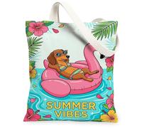 Bolsa de lona para mujer, diseño de perro tropical, hibisco, verano, melocotón, lavable, reutilizable, ideas para viajes, trabajo, compras, librería, 13 x 15 pulgadas
