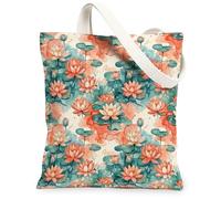 Bolsa de lona para mujer, diseño floral, acuarela, lirios de agua, hojas, primavera, melocotón, lavable, reutilizable, ideas para viajes de compras, oficina, biblioteca, casual, 13 x 15 pulgadas