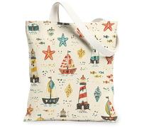 Bolsa de lona para mujer, diseño náutico, vintage, con diseño de faro, estrella de mar, color rojo, lavable, reutilizable, estética, ideas para viajes, trabajo, compras, librería, 33 x 38 cm