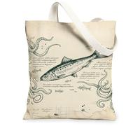 Bolsa de lona para mujer, diseño náutico, vintage, pulpo, algas, verano, verde, lavable, reutilizable, ideas para el mercado, Verde, 13x15 Inch