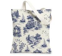 Bolsa de lona para mujer, estilo clásico, vintage, para verano, azul marino, lavable, reutilizable, estética, ideas para viajes de compras, oficina, biblioteca, casual, 33 x 38 cm