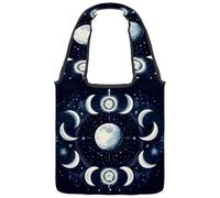 Bolsa de lona para mujer, fases lunares artísticas y luna en el espacio, fondo de astrología, reutilizable, bolsa de hombro para compras, trabajo, Multicolor 01, 14.1x14.9in/36x38cm