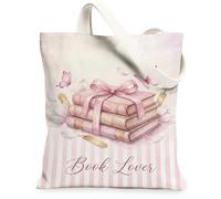 Bolsa de lona para mujer, romántica y elegante, con cinta de mariposa, color melocotón, lavable, reutilizable, estética, ideas para compras, viajes, oficina, biblioteca, casual, 33 x 38 cm