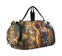 Bolsa de lona para niñas con diseño de vaca de las Tierras Altas de Navidad, bolsa de viaje para fin de semana, compartimento para zapatos de noche, bolsa de mano para niños, Linda vaca navideña de