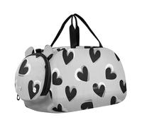 Bolsa de lona para niños con diseño de corazones negros y gris con compartimento para zapatos, ligera bolsa de viaje con correa ajustable para viajes, deportes, fitness y entrenamiento, negro, gris
