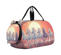 Bolsa de lona para niños o niñas con compartimento para zapatos, bolsa de viaje deportiva con caballos blancos y puesta de sol durante la noche