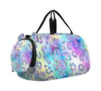 Bolsa de lona para niños o niñas con compartimento para zapatos, bolsa de viaje deportiva con estampado de leopardo arcoíris pastel