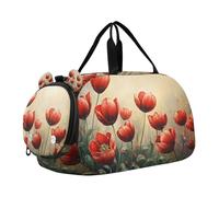 Bolsa de lona para niños o niñas con compartimento para zapatos, diseño de flores rojas, pintura al óleo, bolsa deportiva de viaje durante la noche