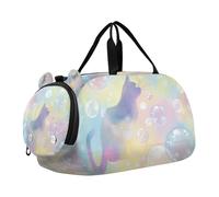 Bolsa de lona para niños o niñas con compartimento para zapatos, diseño de gato con burbujas en colores pastel y arcoíris, bolsa de viaje para la noche