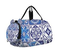 Bolsa de lona para niños o niñas con compartimento para zapatos, estilo marroquí tradicional, azul geométrico, bolsa de viaje para la noche