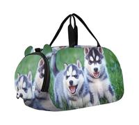Bolsa de lona para niños, para fin de semana, para viajes, deportes, baile, cisnes, rosas, corazones, San Valentín, cachorro husky siberiano lindo hierba, Classic