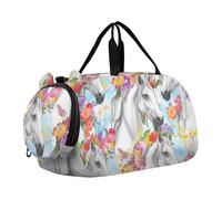 Bolsa de lona para niños, para fin de semana, viajes, bolsa de lona para niñas, color amarillo, girasol, negro y blanco, Hermosas flores de caballos blancos, Classic