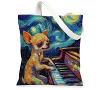 Bolsa de lona para perro chihuahua para ir de compras, 13 x 15 pulgadas, diseño de estrellas y piano nocturno, reutilizable, para mujeres, mascotas, cachorros, trabajo, viajes, decoración de regalo