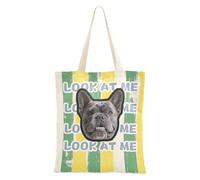 Bolsa de lona personalizada con diseño de rayas amarillas y verdes para mascotas con diseño de avatares en bolsa de lona, bolsas a granel para mujer en blanco