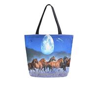 Bolsa de lona Pintura al óleo Caballos Mujer Bolsa de playa Verano Galaxia Luna Cielo Bolso de hombro Bolso grande reutilizable Ligero para ir de compras Viajes de comestibles