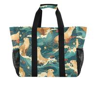 Bolsa de lona plegable con compartimentos para playa, diseño de perros de mar japoneses, Perros marinos japoneses, olas del océano, 1 size, Moda